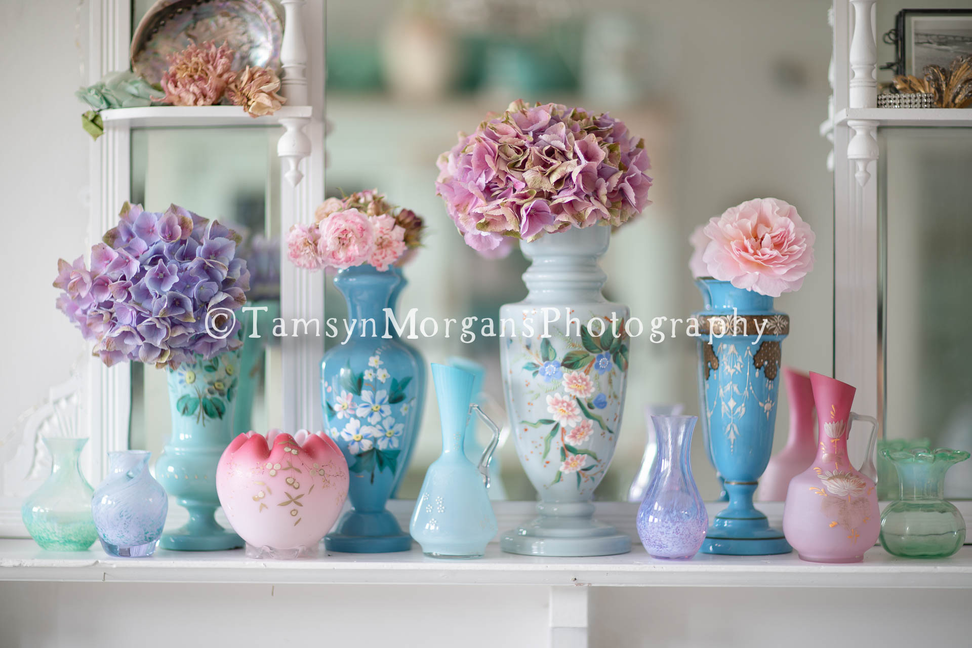 Floral stock photography for sale : pretty garden flowers in vases